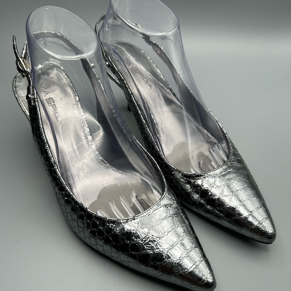 Via Spiga Vero Cuomo Metallic Croc Embossed Pointed Toe Slingback Heels Size 9